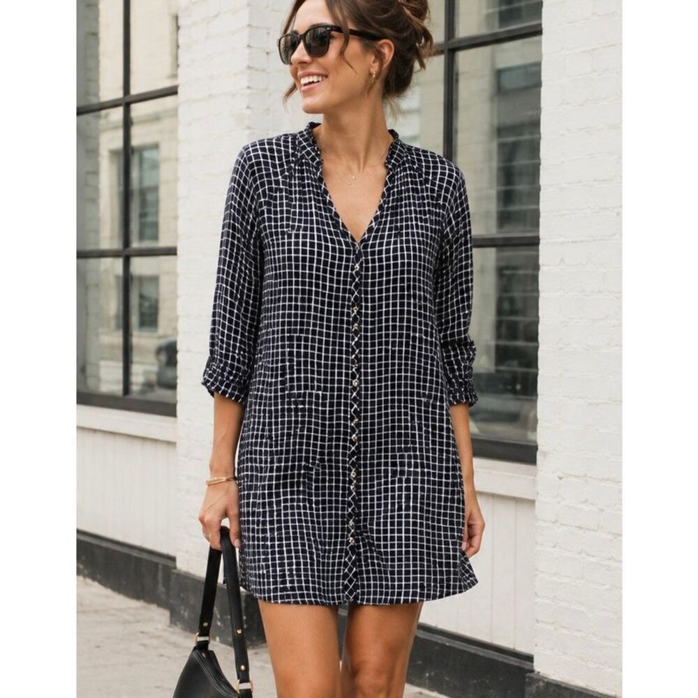 Maeve Anthropologie Sara Smocked Mini Shirt Dress Women’s XS Navy Blue White